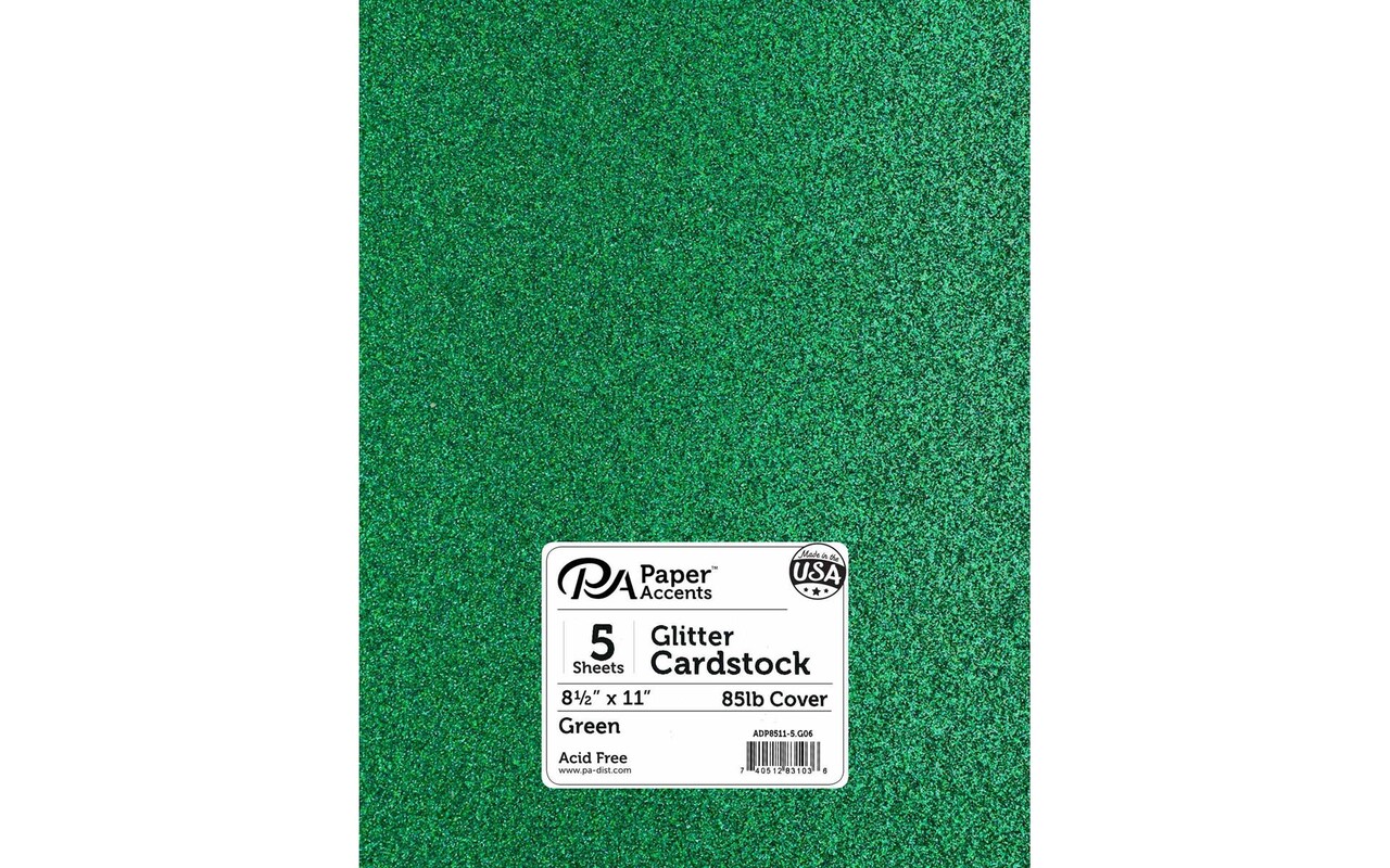 PA Paper Accents Glitter Cardstock 8.5" x 11" Green, 85lb colored cardstock paper for card making, scrapbooking, printing, quilling and crafts, 5 piece pack